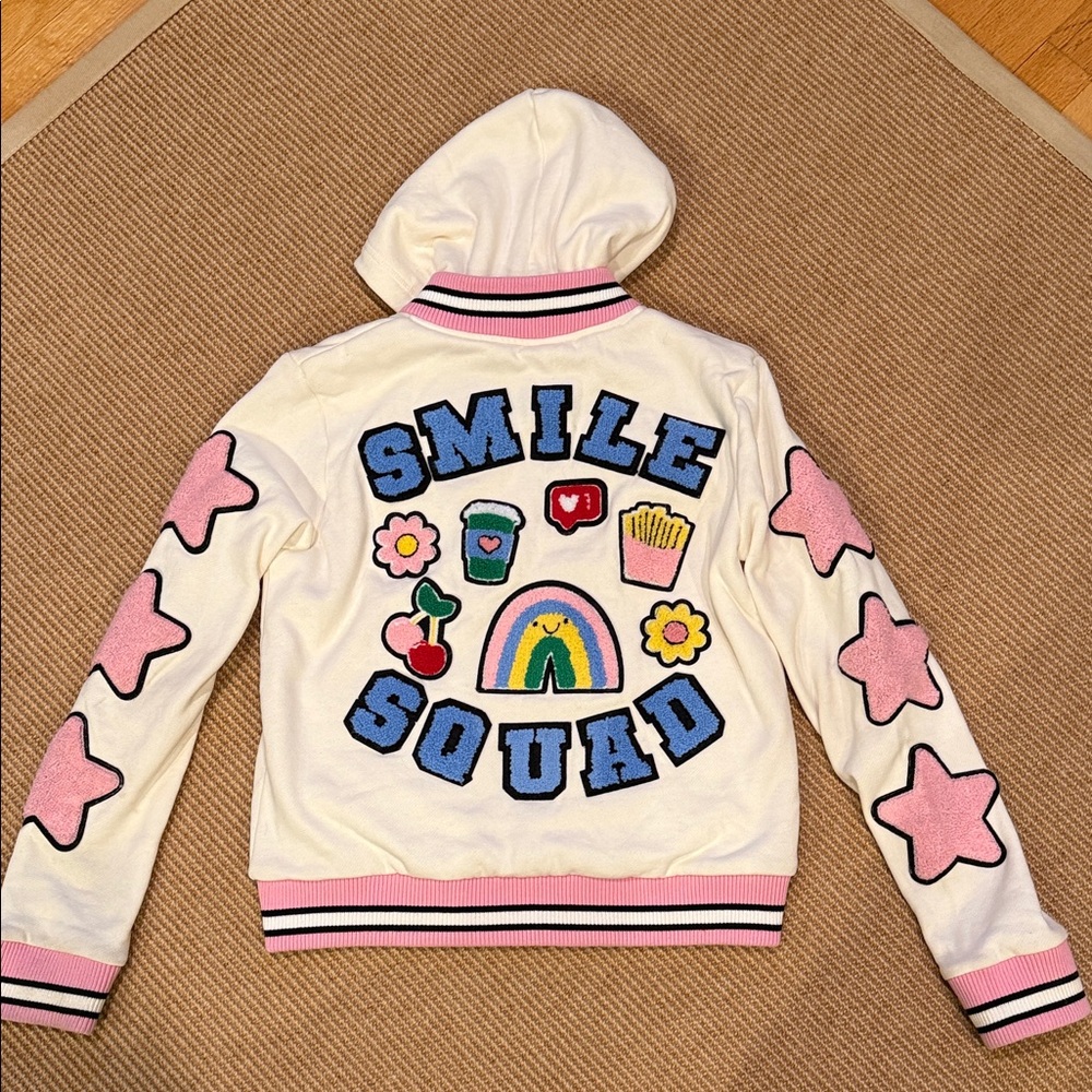 Iscream Smile Squad Hooded Fleece Lined Jacket w/ Chenille Patches- Girl Sz 14